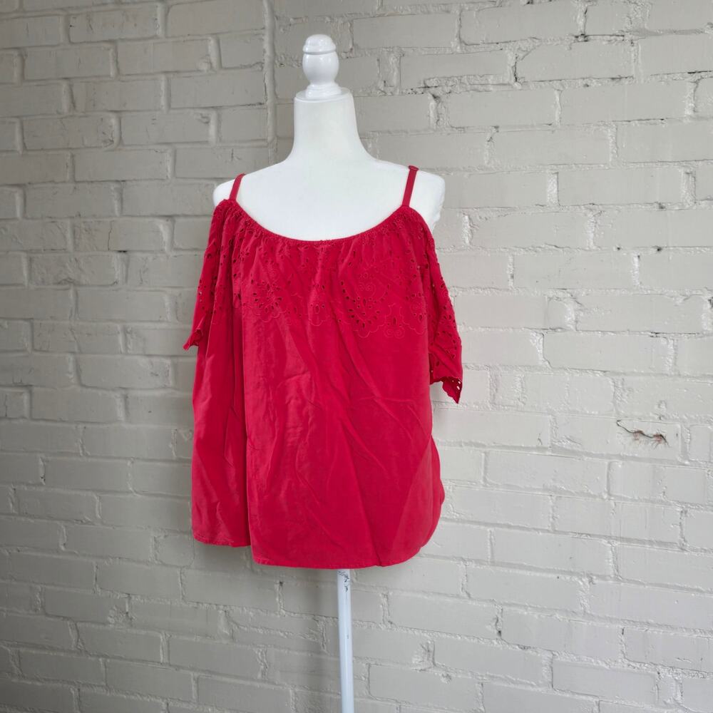Torrid 0X, Red Off-shoulder Peasent Blouse w/ Eyelet Lace: Cottagecore, Romantic